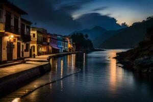 een rivier- in de midden- van een stad- Bij nacht. ai-gegenereerd foto