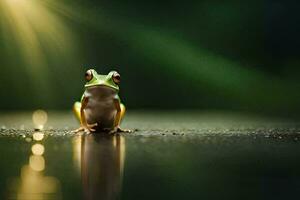 een kikker zittend Aan de grond met een helder licht achter het. ai-gegenereerd foto
