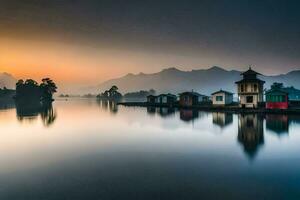 een meer met huizen Aan het Bij zonsopkomst. ai-gegenereerd foto