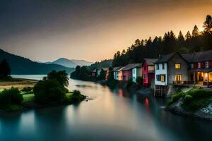 foto behang de lucht, water, bergen, huizen, meer, zonsondergang, de bergen, de. ai-gegenereerd