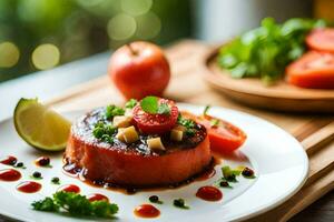 een bord met een steak en tomaten Aan het. ai-gegenereerd foto