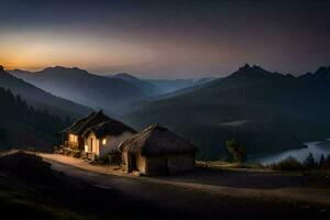 een hut zit Aan de kant van een berg Bij zonsondergang. ai-gegenereerd foto