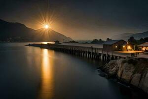 de zon sets over- een pier en een boot. ai-gegenereerd foto