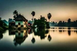 een huis Aan de water met palm bomen. ai-gegenereerd foto