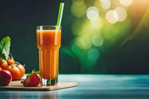 een glas van oranje sap met aardbeien en tomaten. ai-gegenereerd foto