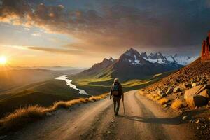 een Mens wandelingen Aan een weg in de bergen. ai-gegenereerd foto