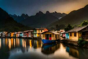 kleurrijk huizen Aan de water in voorkant van bergen. ai-gegenereerd foto