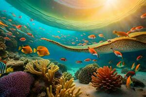de zon schijnt over- een koraal rif met vis en koralen. ai-gegenereerd foto