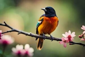 een vogel zittend Aan een Afdeling met roze bloemen. ai-gegenereerd foto