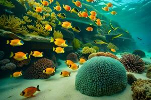 een onderwater- tafereel met veel vis en koraal. ai-gegenereerd foto