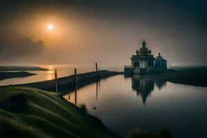 een kerk in de mist Bij zonsopkomst. ai-gegenereerd foto