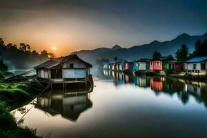 kleurrijk huizen Aan de water Bij zonsopkomst. ai-gegenereerd foto