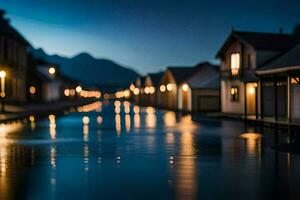 foto behang de nacht, water, huizen, lichten, de lichten, de lichten, de lichten. ai-gegenereerd