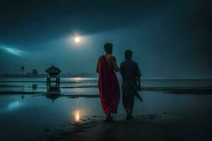 twee mensen wandelen Aan de strand Bij nacht met een vol maan. ai-gegenereerd foto