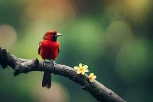 een rood vogel zit Aan een Afdeling met een geel bloem. ai-gegenereerd foto
