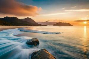 de zon sets over- een strand en bergen. ai-gegenereerd foto