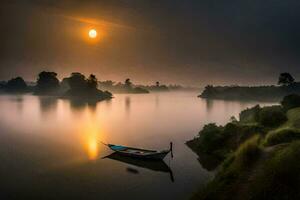 een boot is drijvend Aan de water Bij zonsopkomst. ai-gegenereerd foto