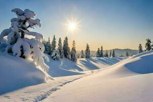 sneeuw gedekt bomen en de zon schijnend in de achtergrond. ai-gegenereerd foto