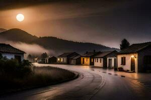 foto behang de lucht, mist, de maan, de weg, huizen, de dorp, de. ai-gegenereerd