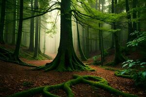 een Woud met bomen en wortels in de midden. ai-gegenereerd foto