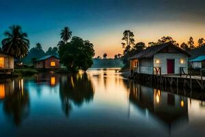 huizen Aan de water Bij zonsondergang met palm bomen. ai-gegenereerd foto