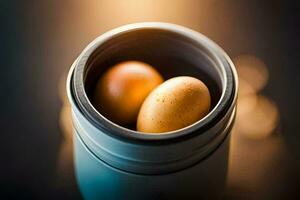 twee eieren in een metaal container. ai-gegenereerd foto