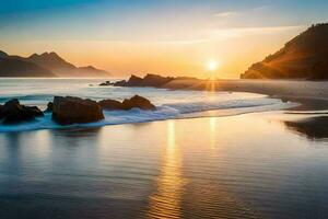 de zon is instelling over- een strand met rotsen en water. ai-gegenereerd foto