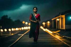 een vrouw in een sari wandelingen naar beneden een spoorweg bijhouden Bij nacht. ai-gegenereerd foto