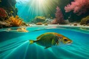 vis zwemmen in de oceaan met koraal riffen en zon. ai-gegenereerd foto