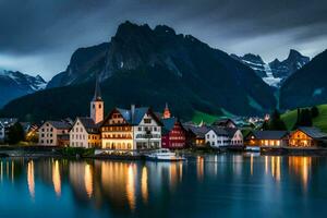 foto behang de lucht, bergen, water, meer, dorp, huis, huis, huis,. ai-gegenereerd