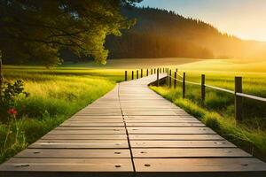 houten pad in de veld. ai-gegenereerd foto