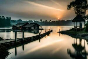 een boot dok en een huis Aan de water Bij zonsondergang. ai-gegenereerd foto