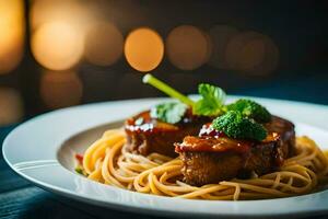 een bord van spaghetti met vlees en saus. ai-gegenereerd foto
