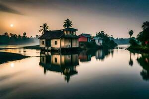 een huis Aan de water met de zon instelling achter het. ai-gegenereerd foto