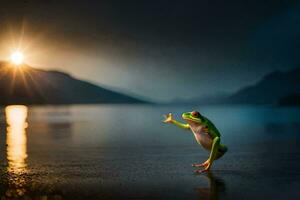 een kikker staand Aan de kust van een meer Bij zonsondergang. ai-gegenereerd foto