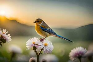 een vogel neergestreken Aan een bloem in de zonsondergang. ai-gegenereerd foto