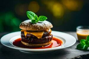 een Hamburger met kaas en saus Aan een bord. ai-gegenereerd foto