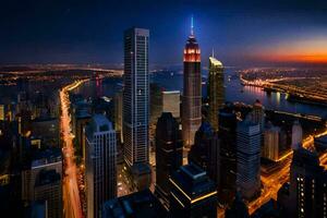 de stad horizon Bij nacht met lichten Aan. ai-gegenereerd foto