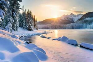 een besneeuwd rivier- en bomen in de sneeuw. ai-gegenereerd foto