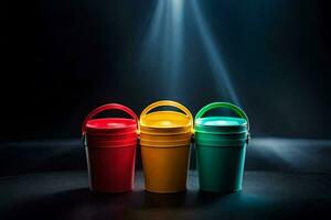 drie kleurrijk plastic cups Aan een donker oppervlak. ai-gegenereerd foto