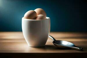 eieren in een kop en lepel Aan een houten tafel. ai-gegenereerd foto