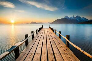 de zon stijgt over- een pier in de midden- van een meer. ai-gegenereerd foto