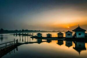 een mooi zonsopkomst over- een meer met klein huizen. ai-gegenereerd foto