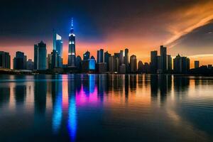 de stad horizon Bij zonsondergang in dubai. ai-gegenereerd foto