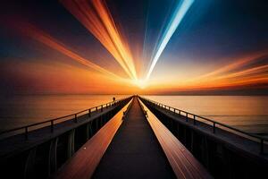 een lang blootstelling foto van een pier met licht paden. ai-gegenereerd