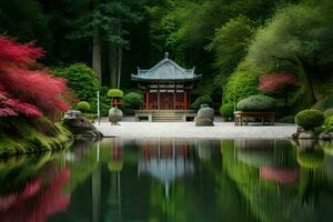 een Japans tuin met een vijver en een pagode. ai-gegenereerd foto