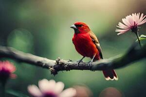 een rood vogel is zittend Aan een Afdeling met bloemen. ai-gegenereerd foto