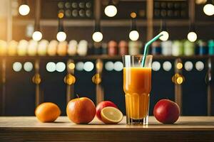 een glas van oranje sap met een rietje en appels. ai-gegenereerd foto