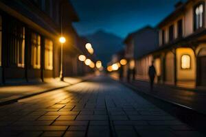 een straat Bij nacht met lichten Aan de gebouwen. ai-gegenereerd foto