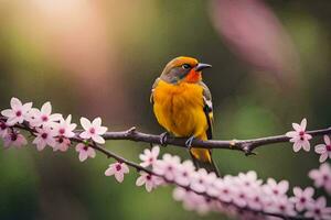 een vogel zit Aan een Afdeling met roze bloemen. ai-gegenereerd foto